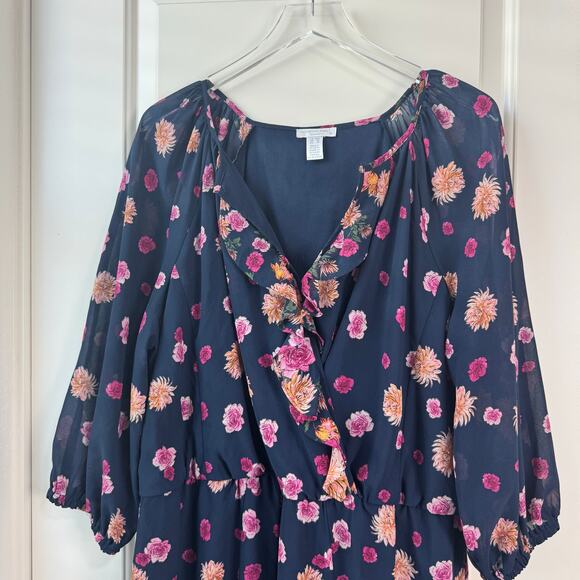 London Times Floral Faux Wrap Dress Ruffle Neckline 16W - Picture 9 of 9